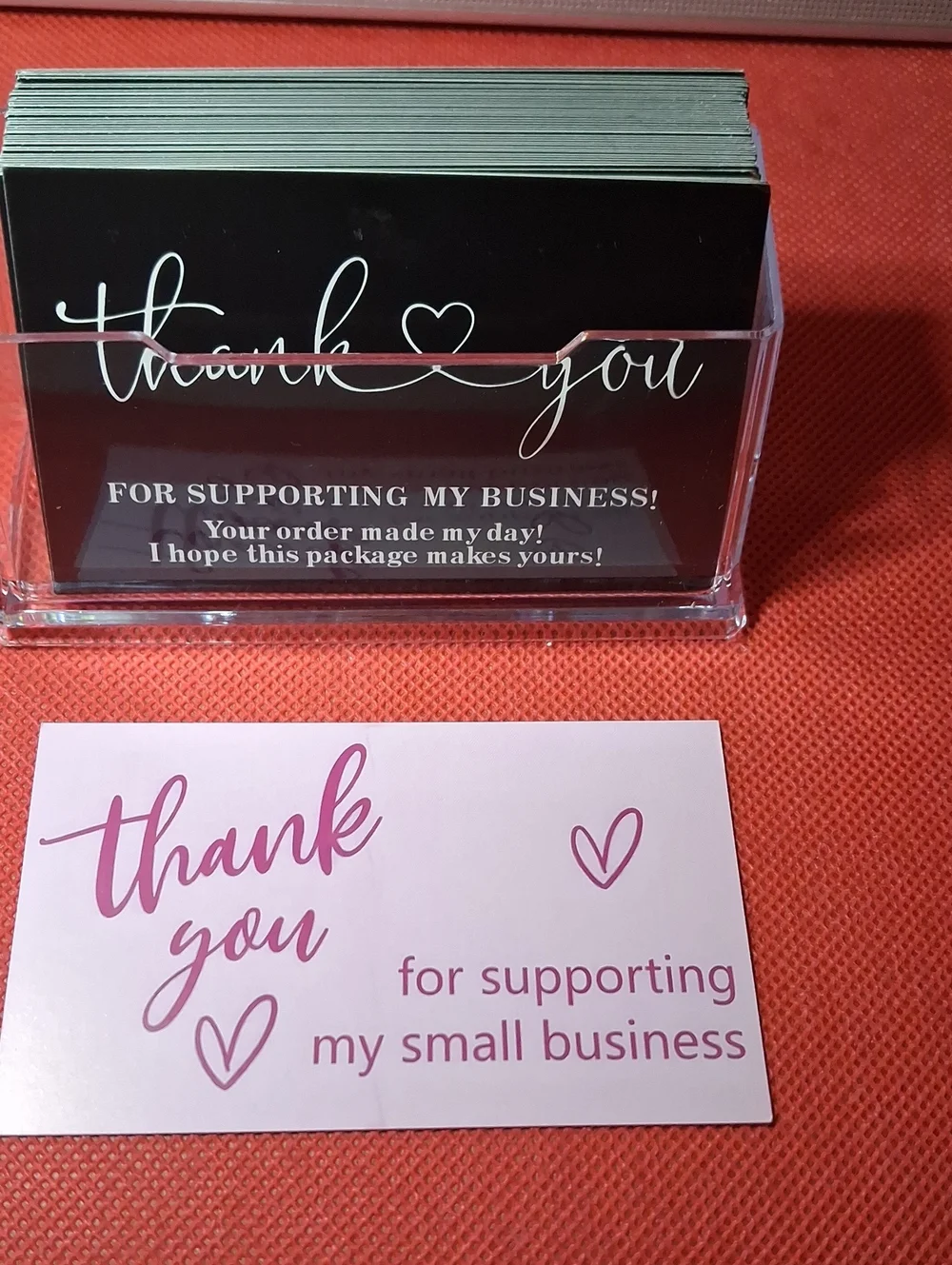 One Clear Acrylic Card Holder with 50ea Pink TY Cards And 50ea Black TY Cards.